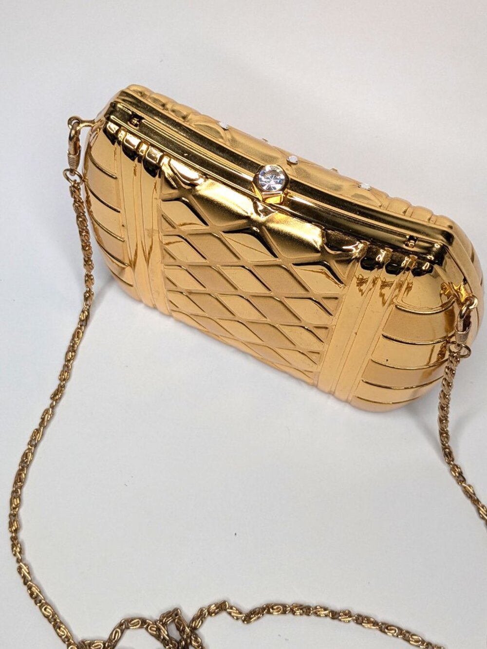 Vintage Gold Hard Shell Rhinestone Evening Bag Metal Box Clutch Crossbody Purse - Picture 6 of 14